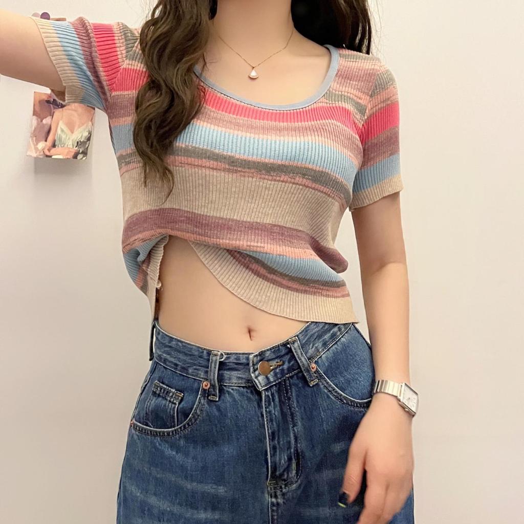 Summer Women Fashion Colorful Striped Knitted Crop Top Loose Y2k T-shirt