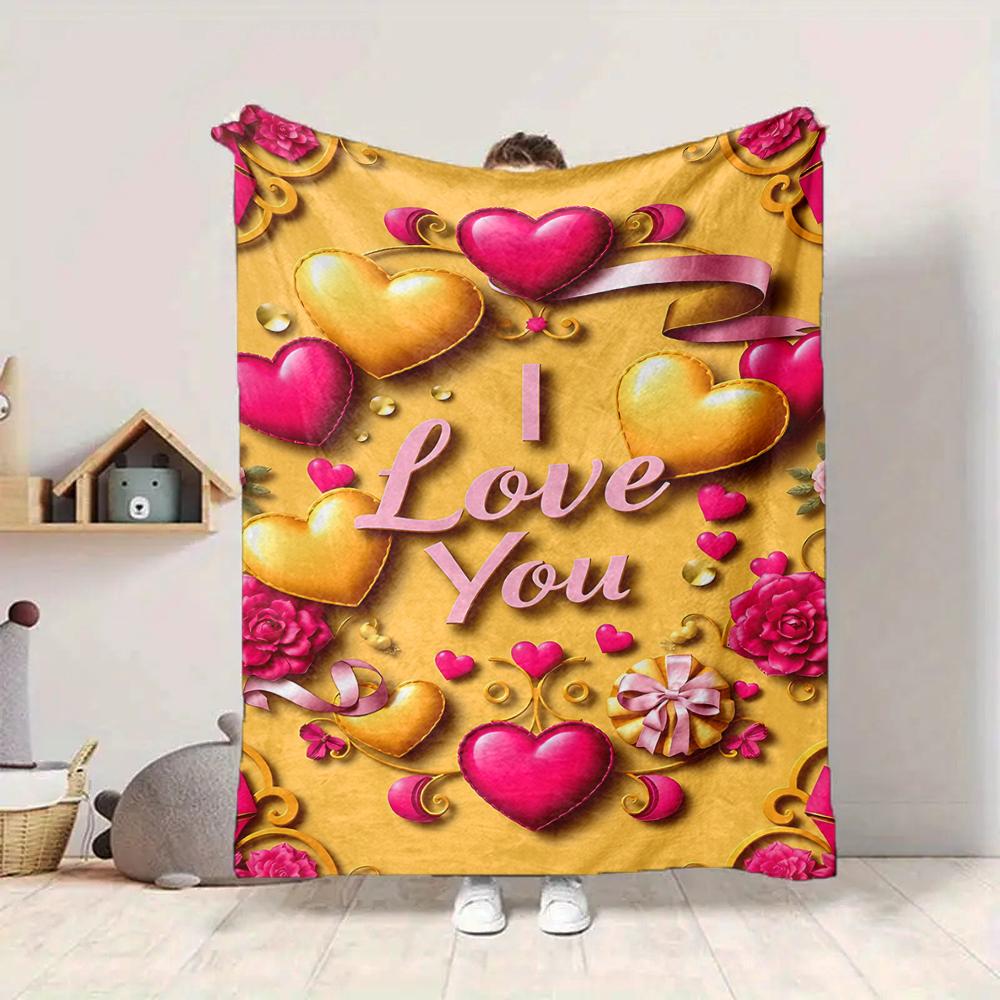 1Pc Love Hearts Celebration Flannel Blanket, Soft And Comfortable, Casual Warm, Camping Travel, Christmas, Halloween Xmas Gift. G110