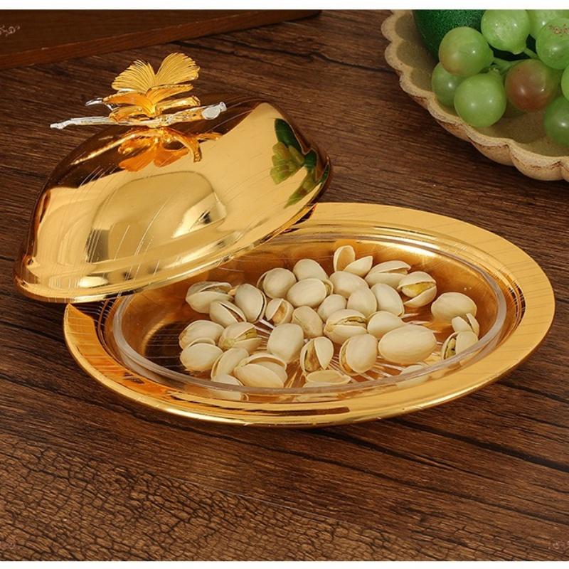 Fruit Tray, Alloy Cake With lid Plate, Golden Retro Snack Disc,Nuts Organizer Living Room Festival Desktop Wedding Decoration