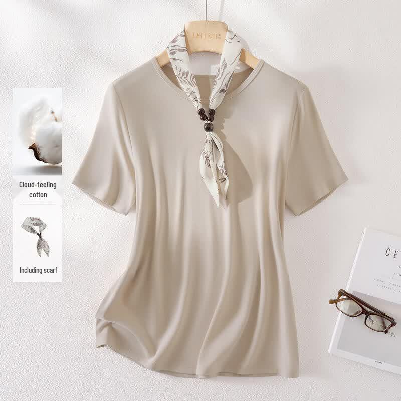 IHIMI Women s Beaded Silk Scarf Short Sleeve Round Neck T-Shirt L