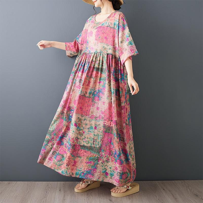 Κοντό μανίκι Plus size Βαμβακερό vintage φλοράλ νέο σε φορέματα για γυναίκες casual φαρδύ μακρύ καλοκαιρινό φόρεμα