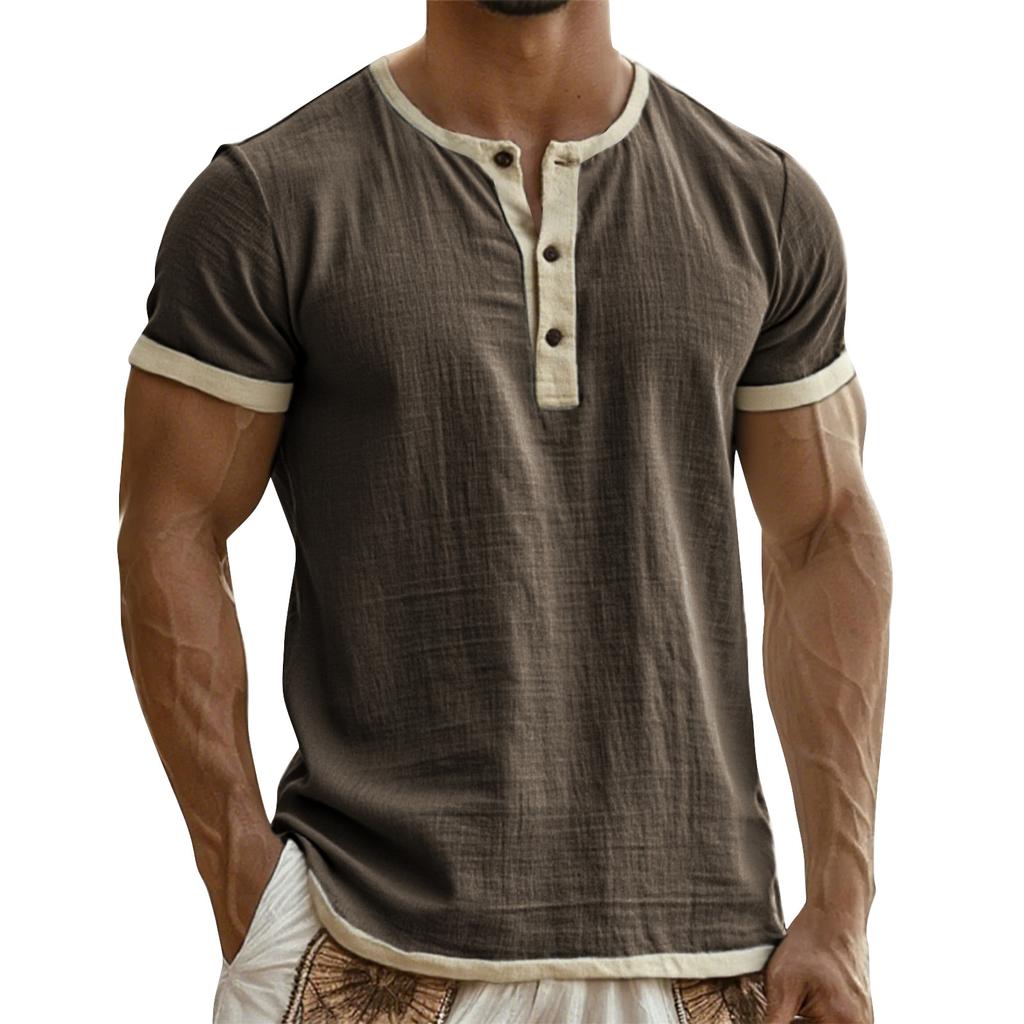 Men's Breathable Solid Color Pleated T-shirt Men's Casual Contrast Color Short Sleeve T-shirt