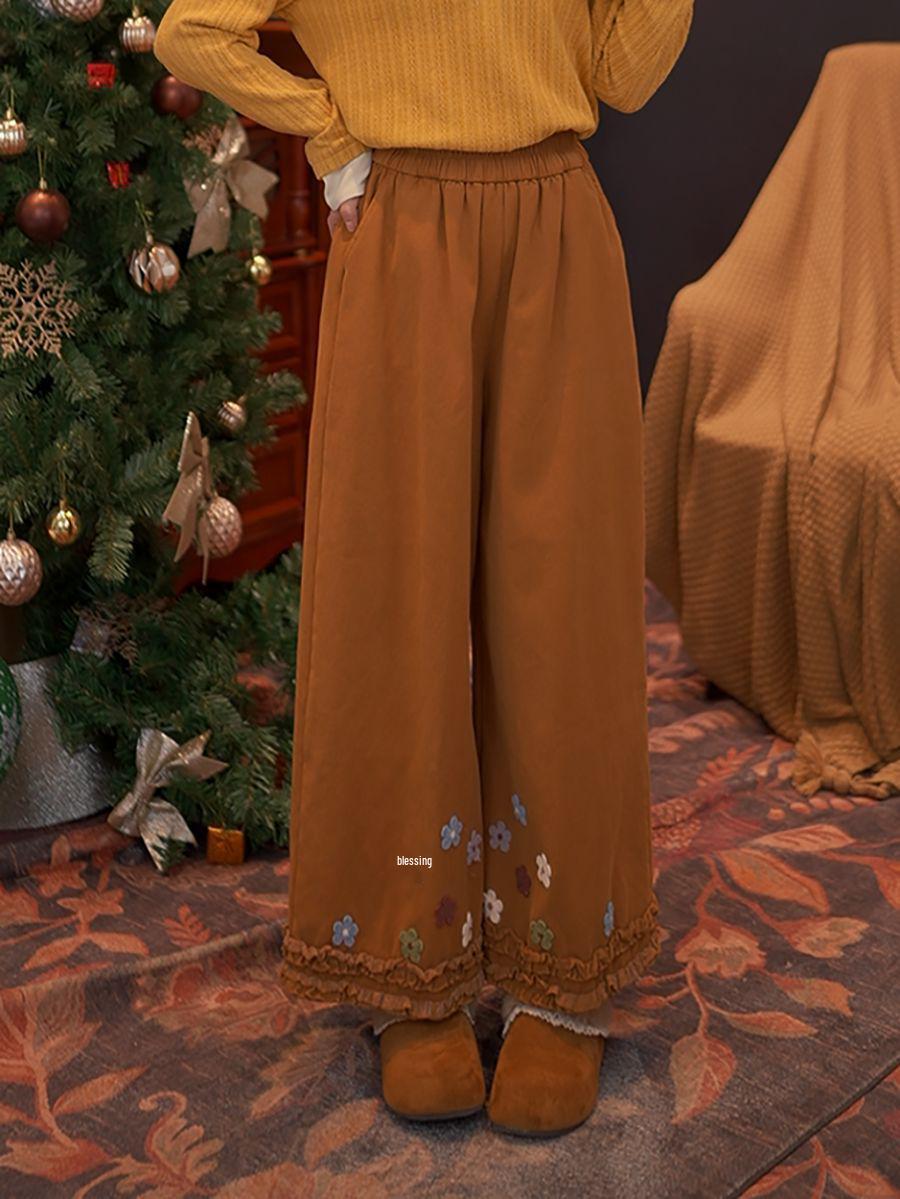 

Wan er 3D Lace Wide-Leg Women s Pants - Thickened Loose Casual for Autumn/Winter One Size