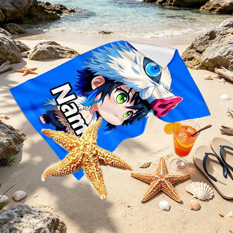 Personalisierbares Strandtuch mit Demon Slayer Aufdruck und individuellem Namen, für Reise, Camping, Strandparty, Heimdekoration, Geburtstagsgeschenk für Familie & Freunde
