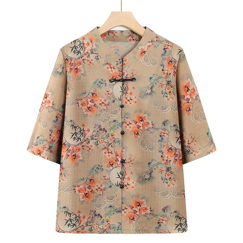 

Retro Floral Cotton Linen Shirt with Seven-Point Sleeves for Plus Size Women 2XL for 105-120 jin хакі