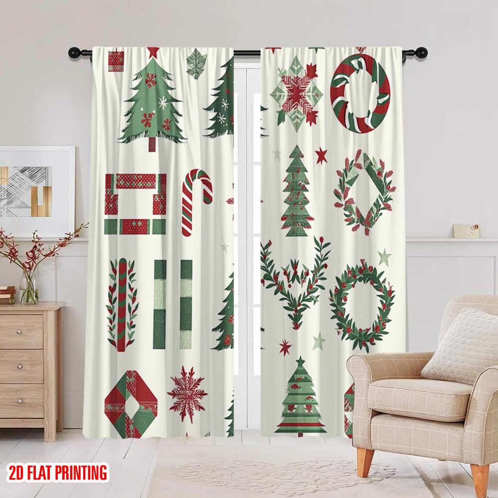 2pcs,2D Plane Printing Creative Curtains Christmas Trees Wreaths Bows Stars Durable 100% Polyester Fabric (without Rod) Holiday