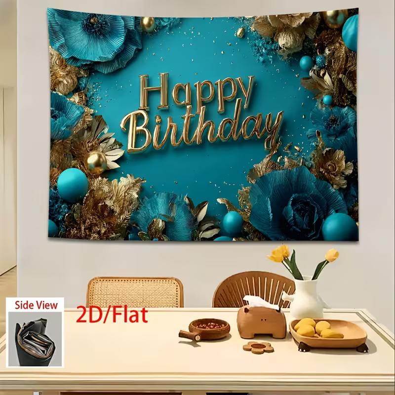 

2D Happy Birthday Backdrop Teal Gold Floral Party Photography Background 47.2x31.5inch/120*80cm