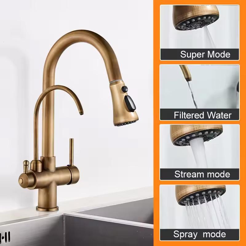 Antique Brass Pull-out Kitchen Faucet Water Purifier Sink Faucet 360° Rotate Hot Cold Drinking Water Filter Kitchen Mixer Taps