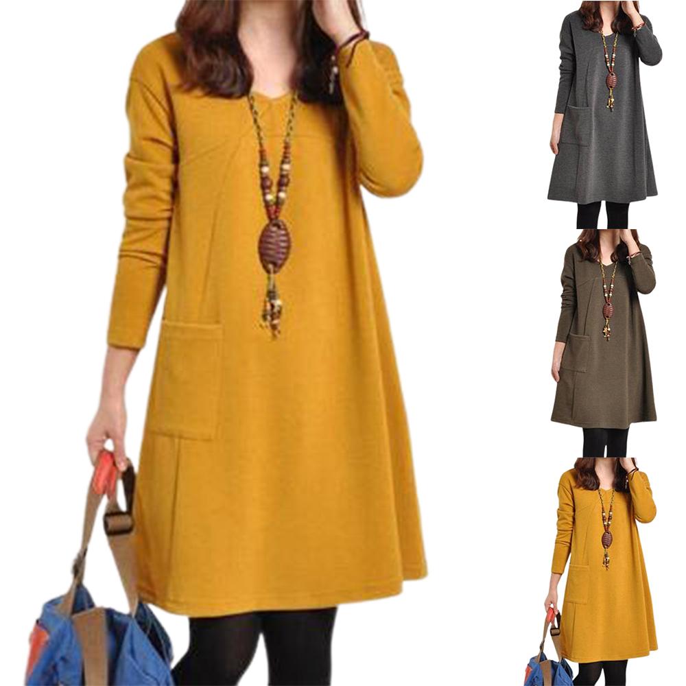 Buy Women Autumn Winter ALine Dress Long Sleeve Round Neck Casual Jumper Dresses Plus Size at