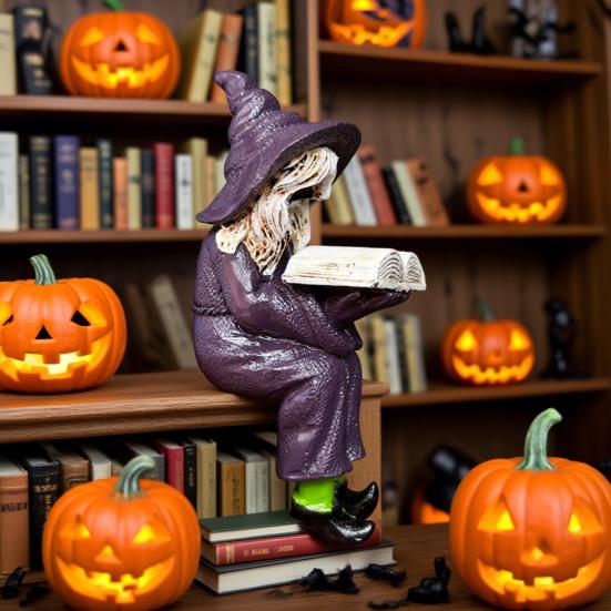 Reading Witch Figurine Halloween Shelf Sitter Witch Statue Resin Gothic