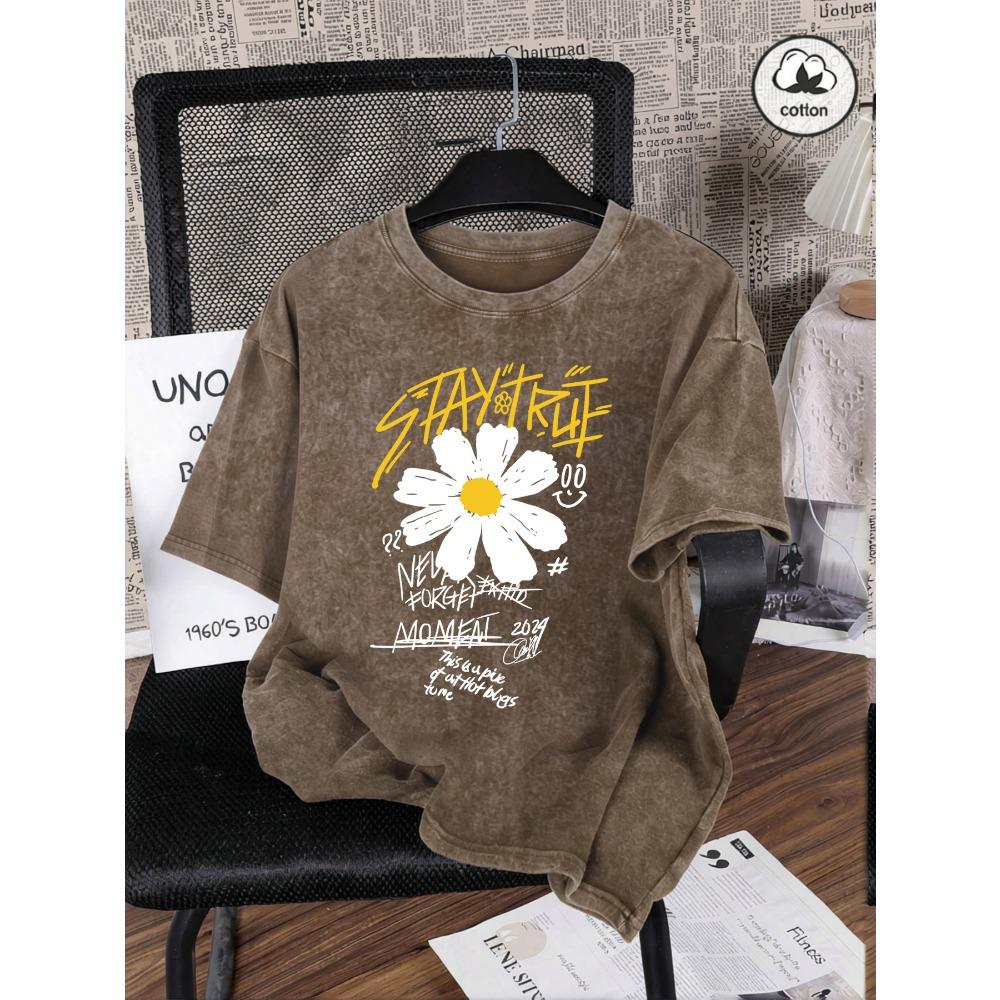 

Stay True Moment Flower Print Women Washed T-Shirt Oversize Crewneck T Shirts Cotton Tee Tops Vintage Short Sleeves 3XL