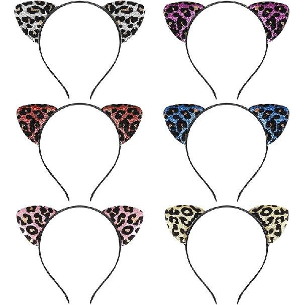 6 Pcs Leopard Cat Ears Headbands Glitter Flocking Cat Ear Headband for Woman and Girls Party Supplies 6