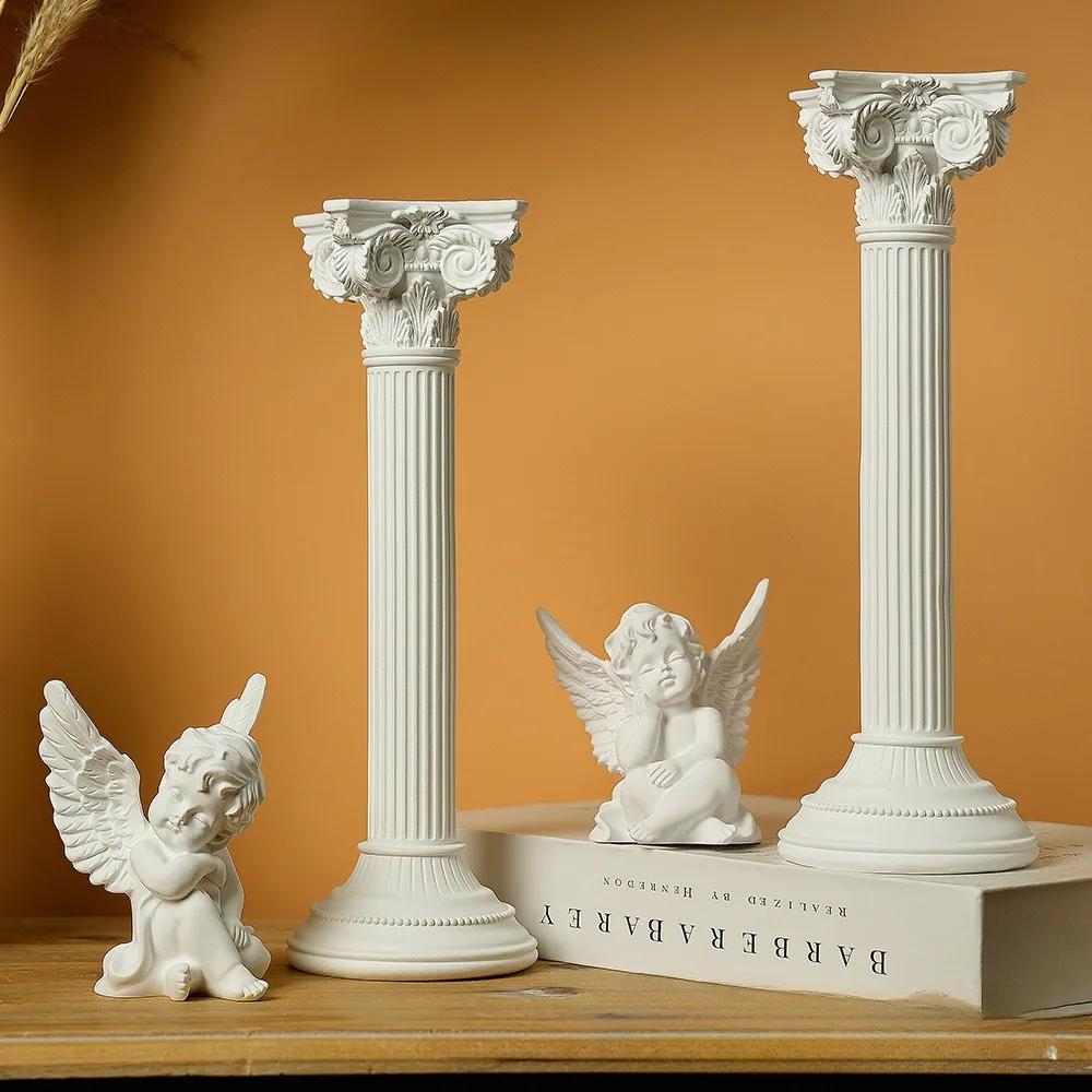 Resin Angel Figurines with Roman Column Cherubs Statue Wings Sleeping Thinking Angle for Home Room Desktop Office Decoration