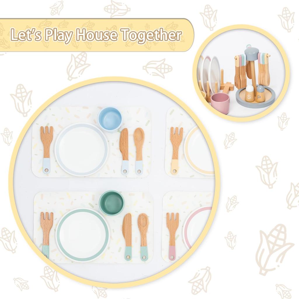 UMU Kinderspiel-Geschirrset, Holz-Kinderküchen-Geschirrset, 33-teiliges Set, Montiert, Montessori-Stil für Jungen und Mädchen, Perfekt für Pr