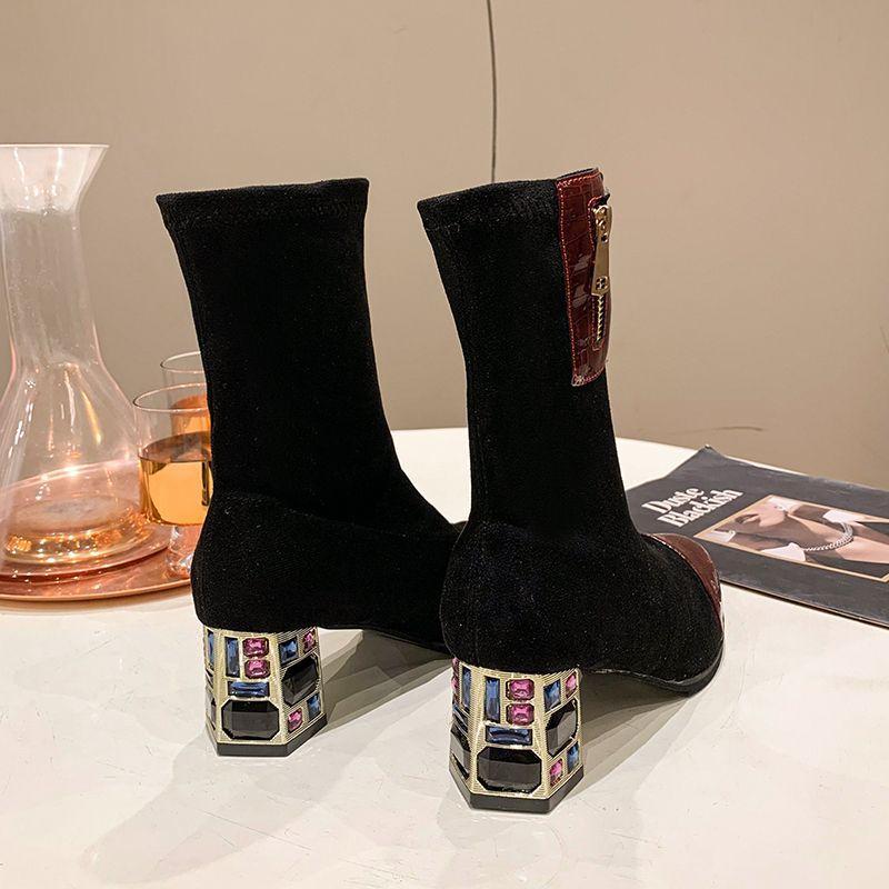 Coarse heel high heel boots short boots women's 2025 spring and summer new pointed zipper short boots rhinestone thin women's explosion fashion