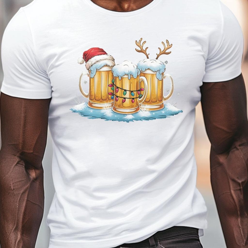 New Year Party Beer Print Mens TShirts Christmas Snowman Pattern Short Sleeve Tops Men Xmas Clothing Fashion Loose Tshirt