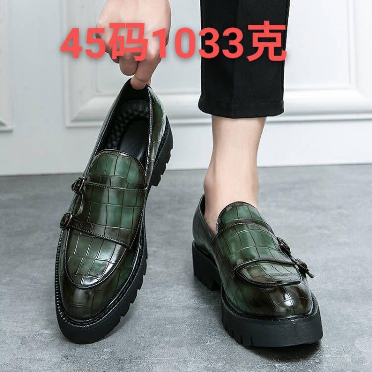22 New Large Size Double Pin Buckle Patent Leather Glossy Thick Heel Thick Sole Heightening Hairstylist Casual Leather Shoes