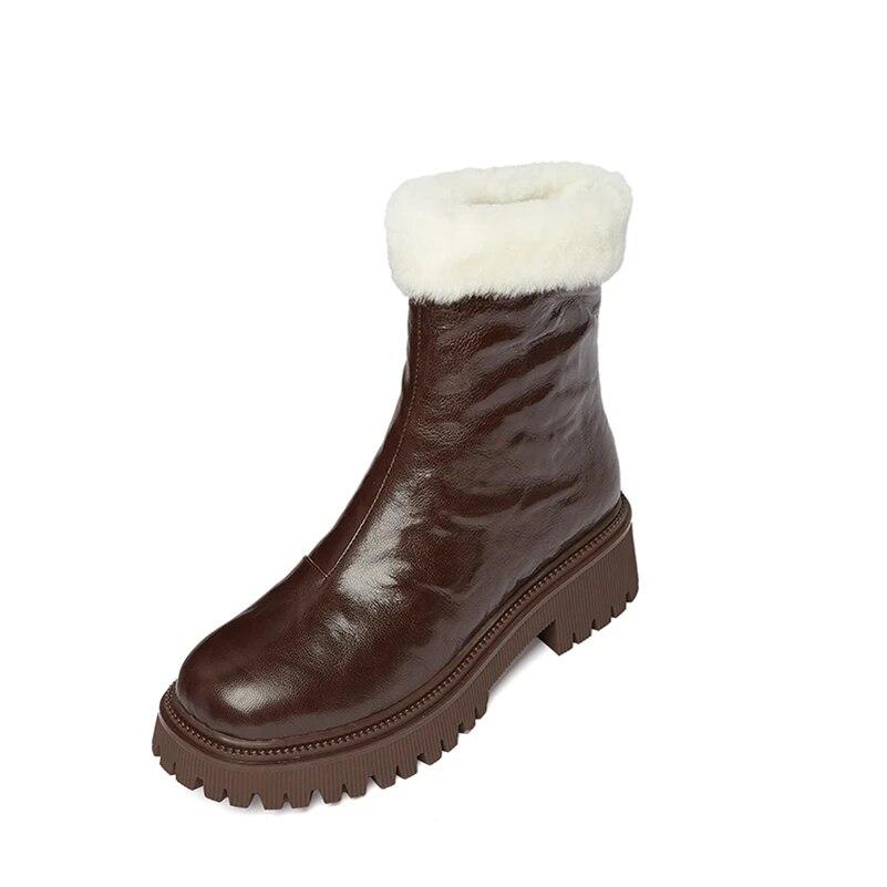 

Meotina/женские ботильоны из натуральной кожи с круглым носком на среднем каблуке, шерстяные короткие ботинки на платформе и молнии, женская модная обувь, зима 40 34 коричневый