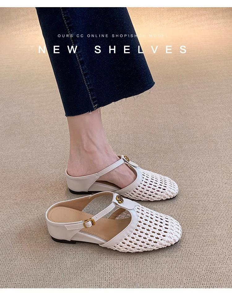 

Soft leather version inner height increase cool slippers 6cm French square head woven hollow breathable T-buckle with sandals bag head shoes 40