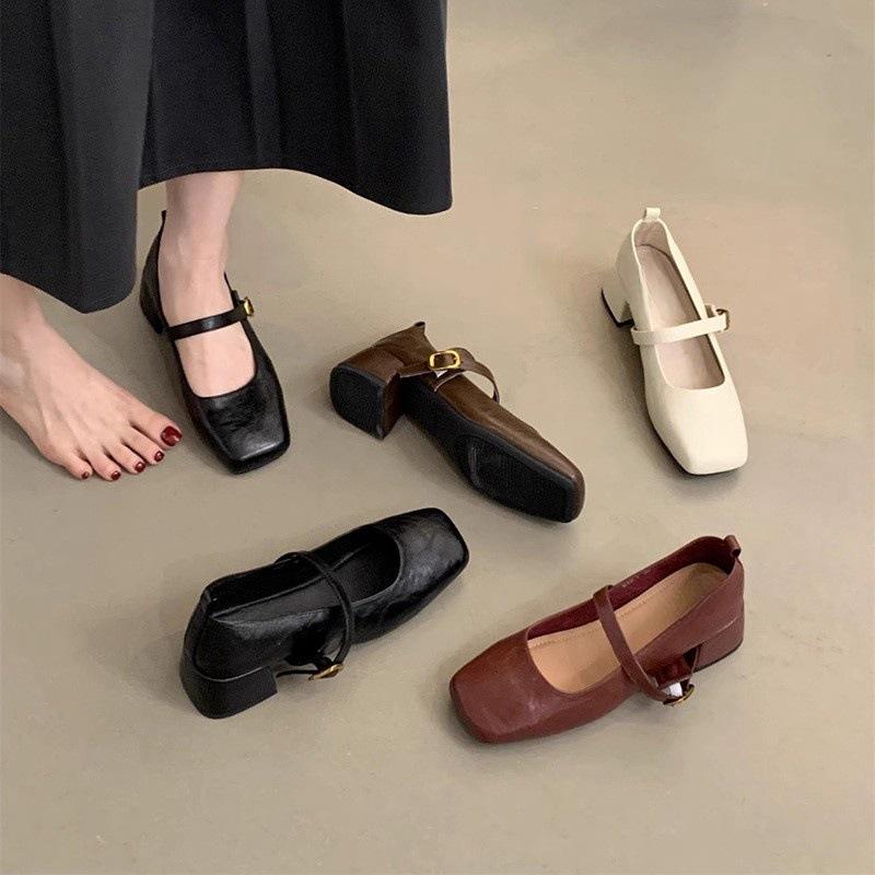 French Retro Square Head Light Mouth Single Shoes Women's Middle Heel Spring and Autumn Evening Temperament Fairy Thick Heel Mary Jane Small Leather S
