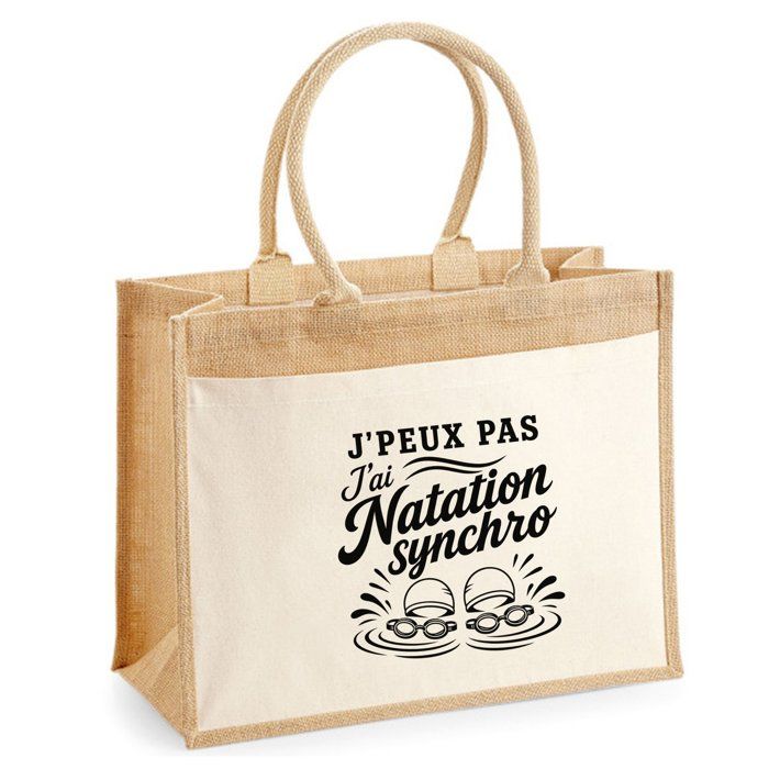 Sac Cabas Jute avec Poche J’peux pas j’ai Natation synchro J'peux pas minimaliste | Toile de Jute et Coton 21 L Fond Plat Anses 65