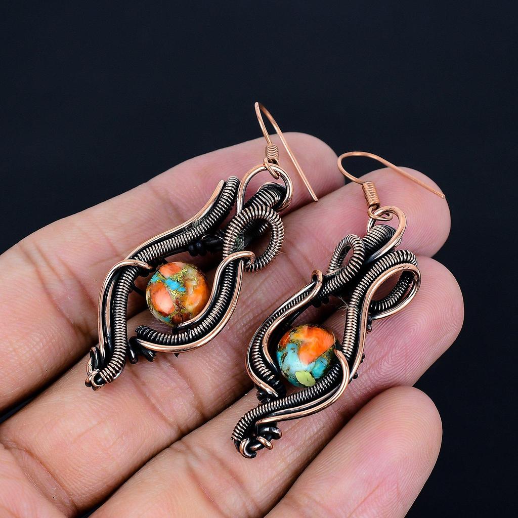 Orange Spiny Oyster Earrings, 999 Copper Wire Wrap Gemstone Jewelry, Handmade Earrings, Amazing Jewelry, Gift For Her