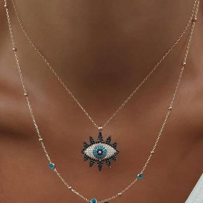 Turkish Evil Eyes Multilayer Necklaces for Women Bohemian Rhinestone Eye Pendant Beaded Choker Necklace Gold Lucky Jewelry Gifts