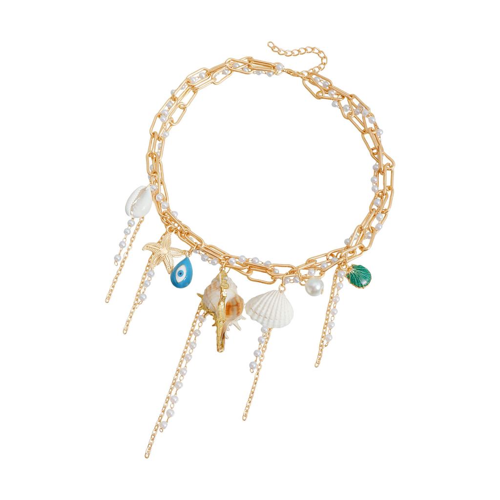Elegant Beachy Tassels Shell Pendant Necklace Lightweight Alloy Trendy Layering Chain Jewelry For Casual Outfits