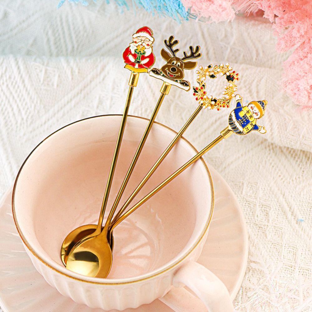 Plated Design Christmas Stirring Spoon 4PCS Set Holiday Tableware Set New Year Party