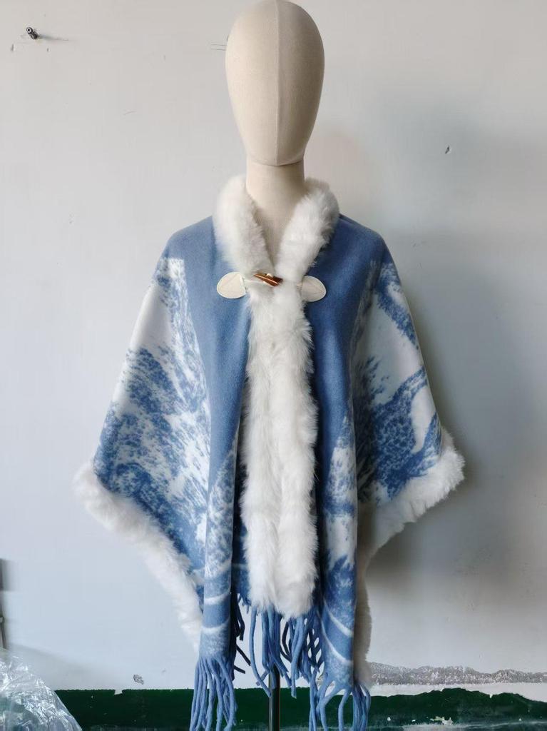 Elegant Women's Floral Ink Wash Shawl - Soft Cashmere Feel, Tassel Detail Cape