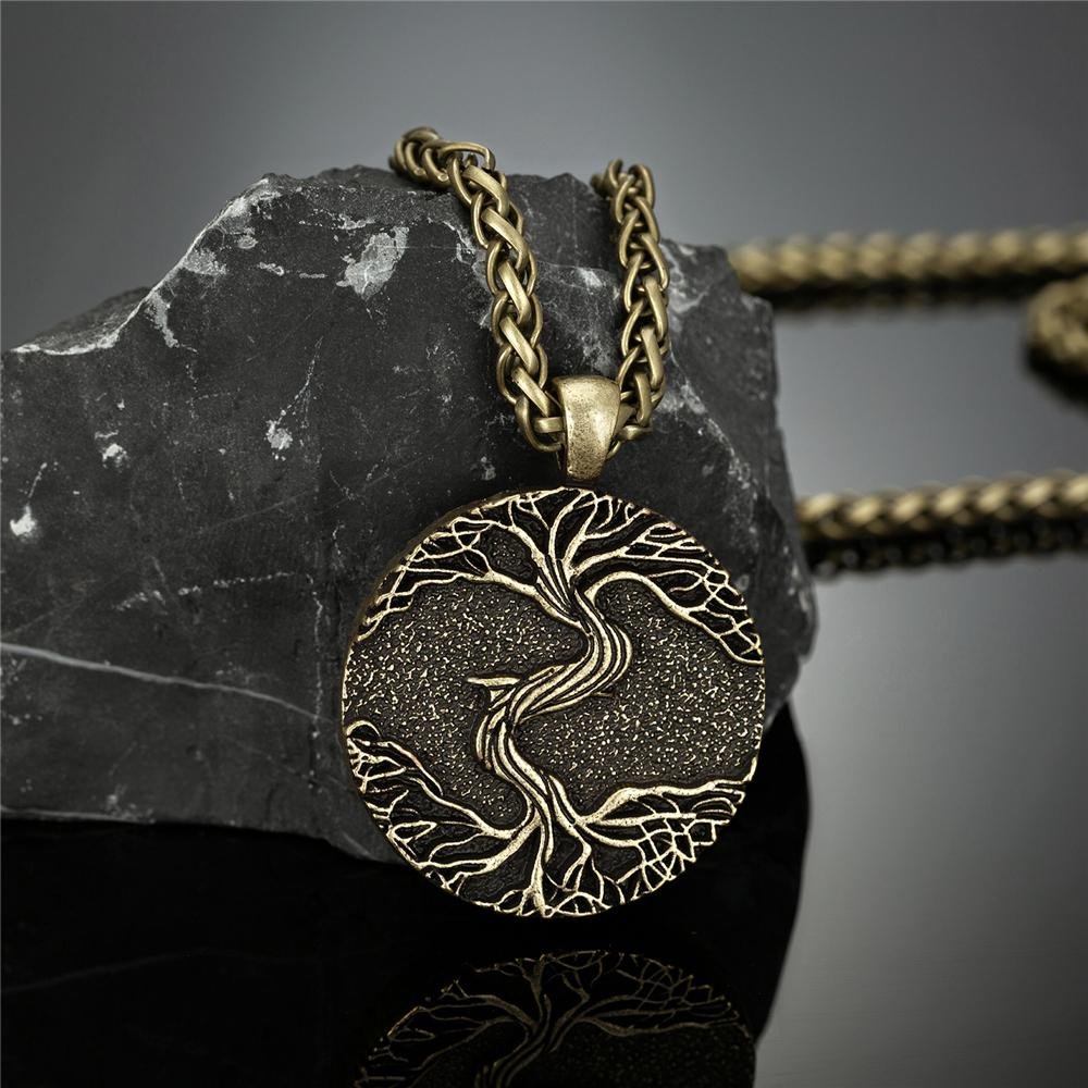 Viking Amulet Tree of Life Necklace Antique Norse Rune Pendant With Genuine Leather Rope Chain Jewelry Bijoux Gift