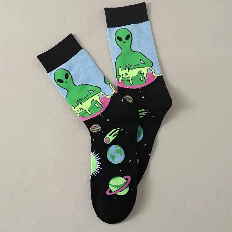 1 Pair Alien UFO Pattern Trendy Socks Asymmetric Style Socks for Men Women Funny Cartoon Cat Unisex Breathable Cotton Socks