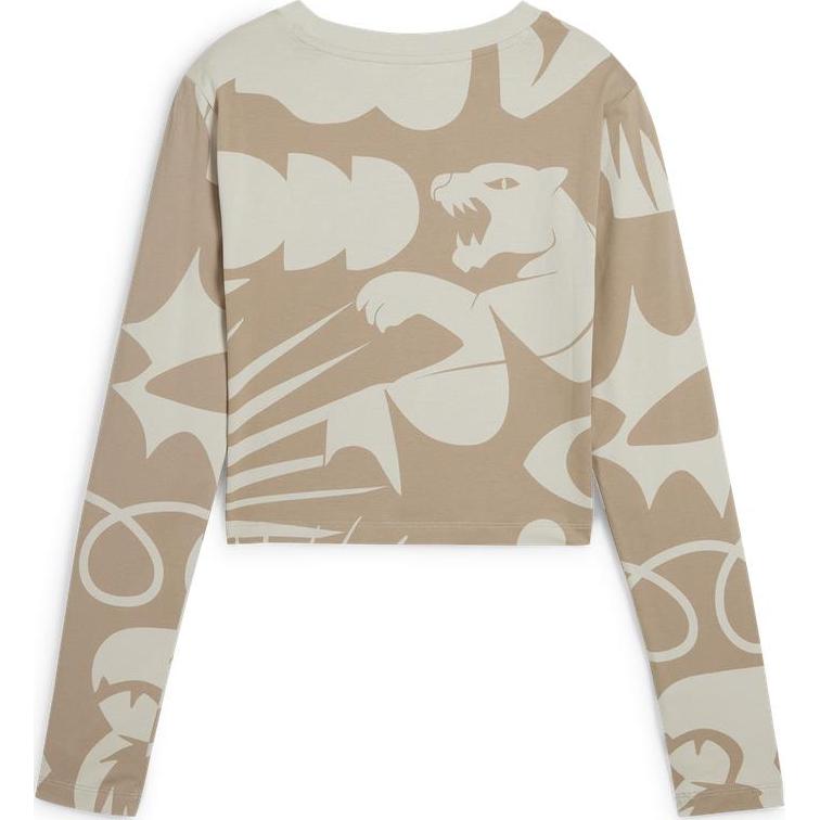 Puma Artisanal All-Over Print Long Sleeve Drop Shoulder T-Shirt Women Tops Brown 629969-68