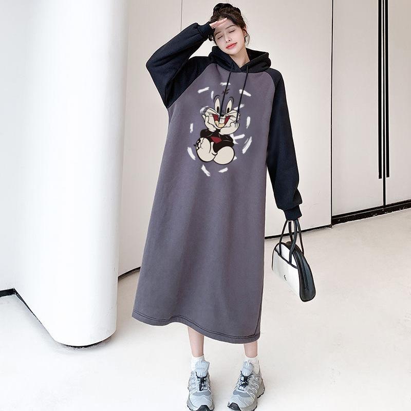 Autumn and winter thickened color matching hooded dress women's casual versatile loose and thin super long knee dress long dress