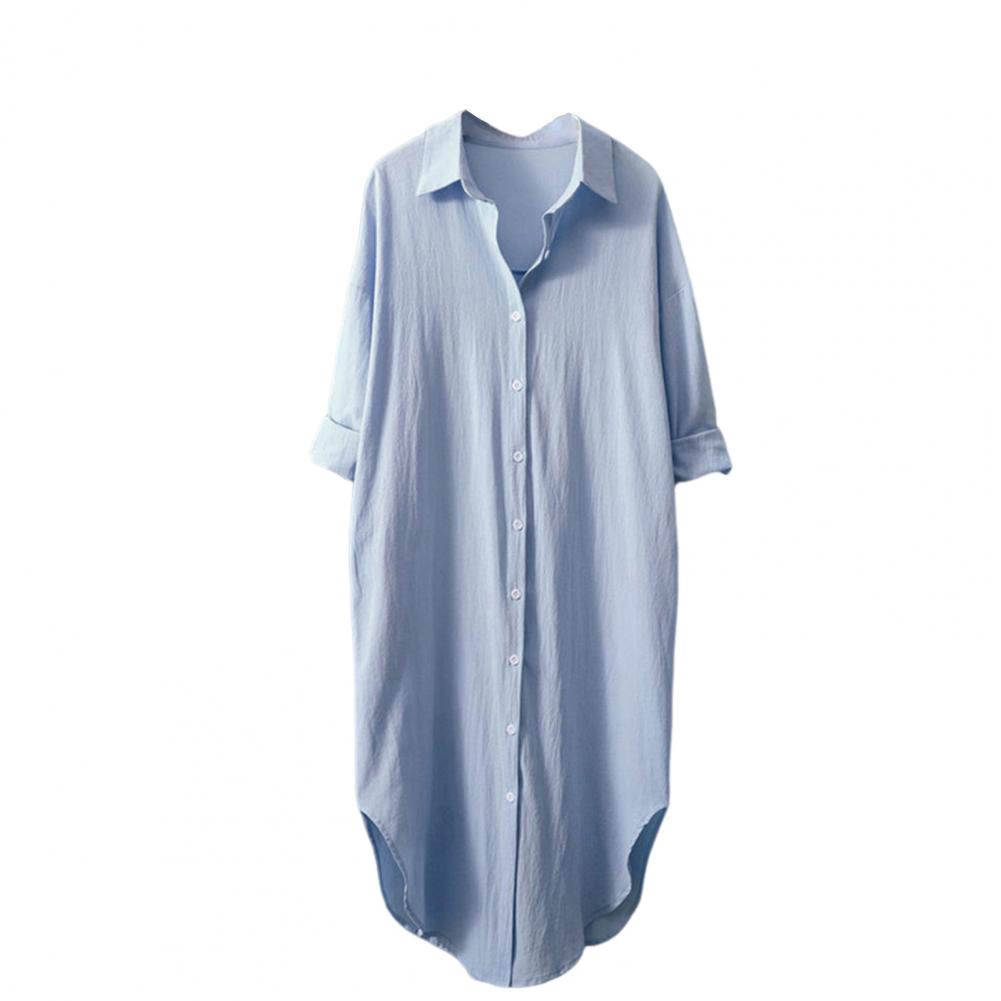Women Shirt Lapel Three-quarter Sleeves Mid-length Shirt Tops Single Breasted Solid Color Loose Fit Casual Shirt