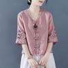 Women S Vintage Embroidered V Neck Short Sleeve Loose Linen Cotton Shirt