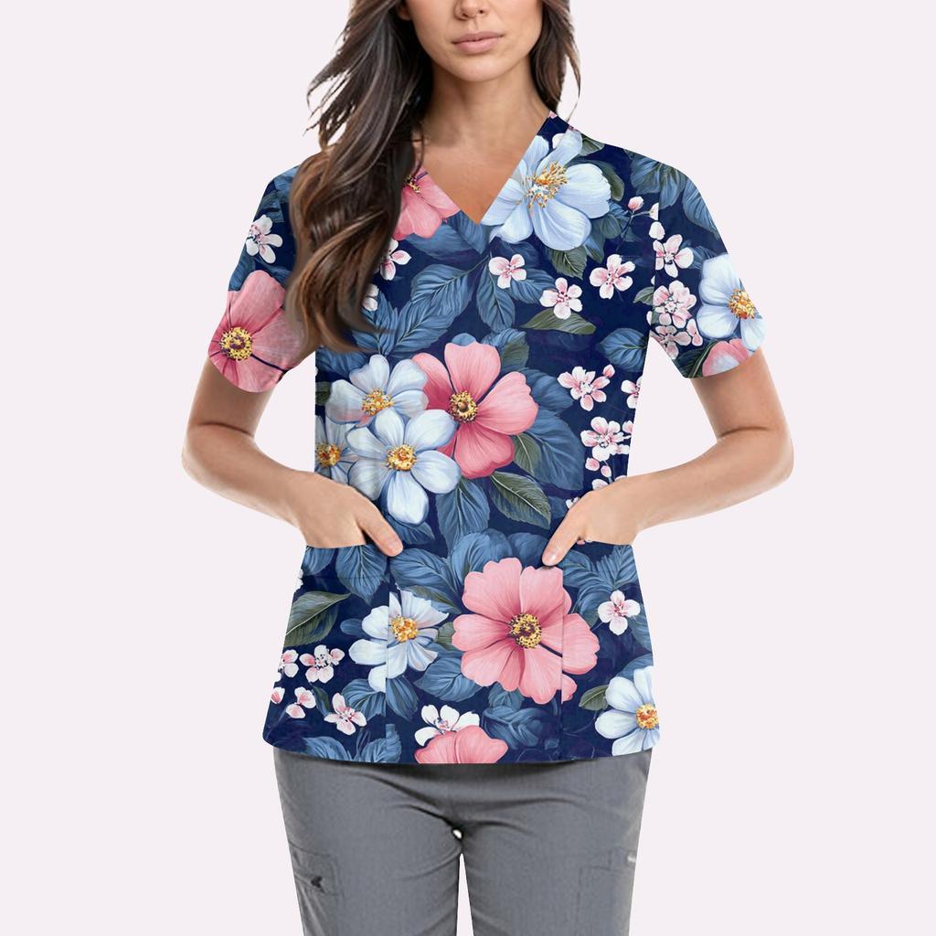 Women's Cute Printed Work Clothes V-neck Double Layer Pockets Basic Short Sleeve Top Pullover Valentines