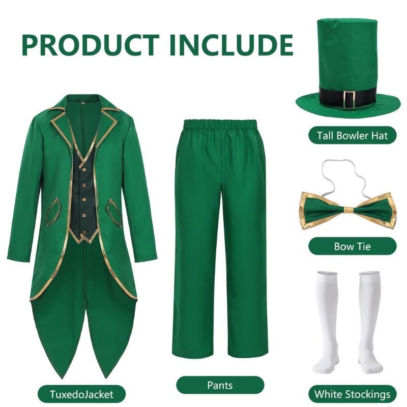 St. Patrick Costume Leprechaun Hat Tuxedo Jacket Tie Pants Stockings St Patrick's Day Outfits Cosplay Halloween Costume