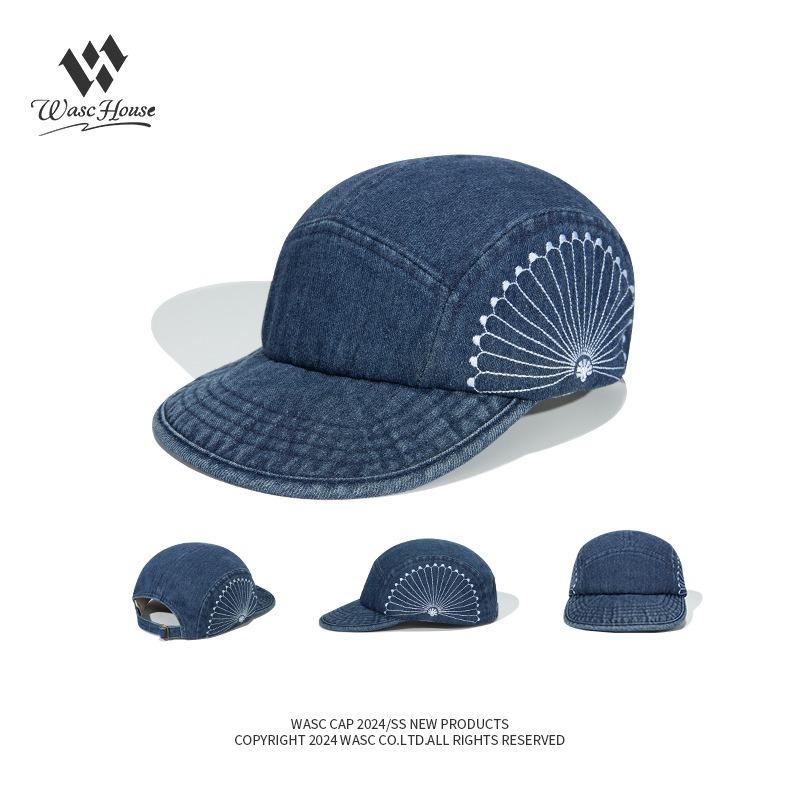 New blue-dyed denim soft-top cap, chrysanthemum embroidery, street versatile short-brimmed baseball hat