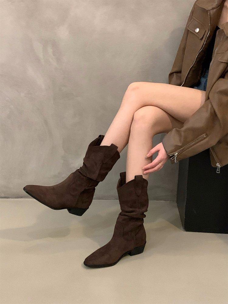 Cowhide version of Maillard boots, new pointed mid-boots, brown women's boots, pleated stacking boots, khaki cowboy boots