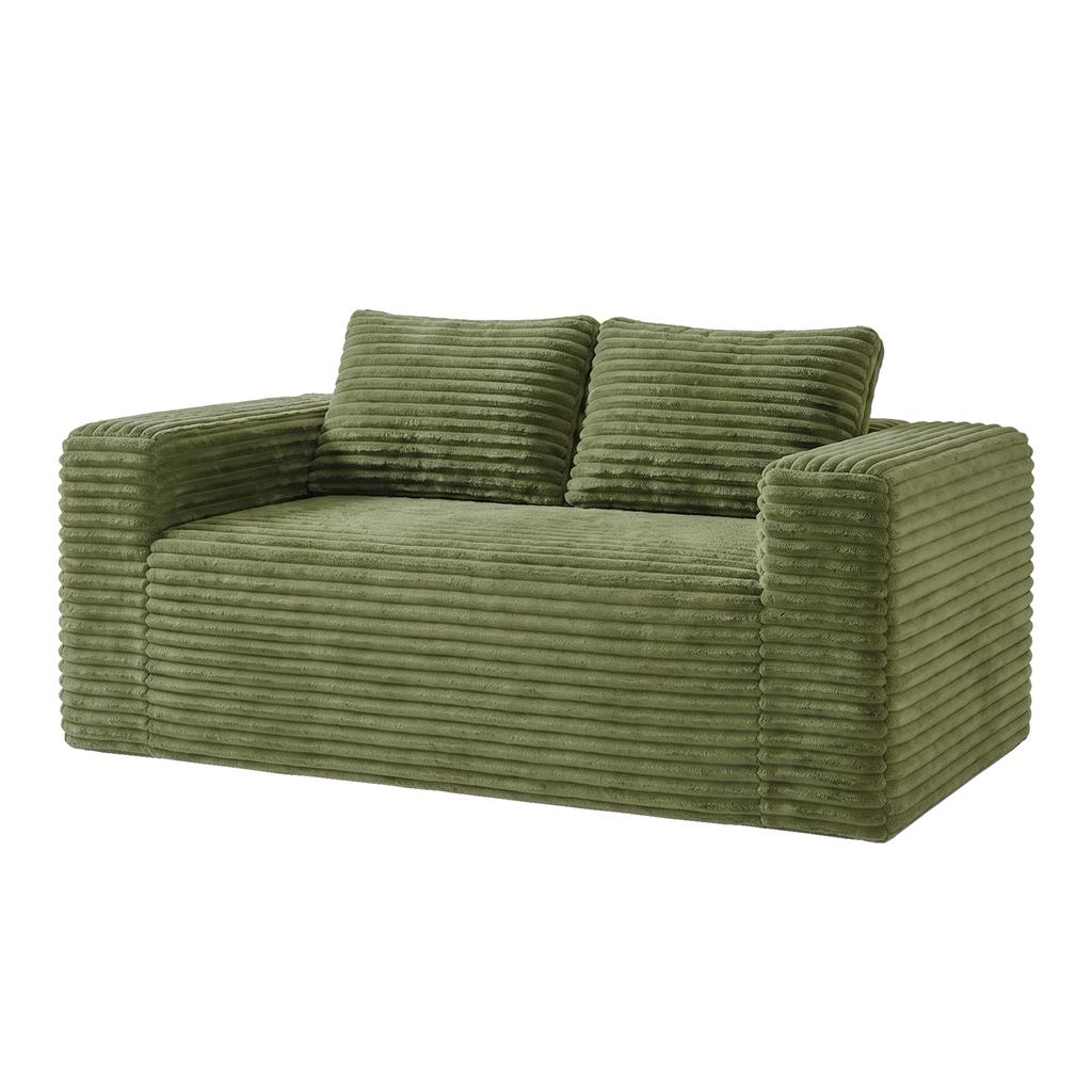 Boneless Deep Seat 2-Seater, No Assembly Foam Floor Couch, Plush Corduroy Fabric, Living Room Sofa for Small Space Apartment, Bedroom, Office (green)