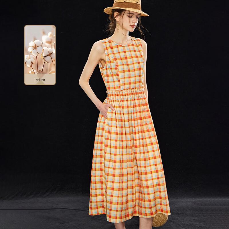 Women s 100% Cotton Plaid Sleeveless Midi Dress L