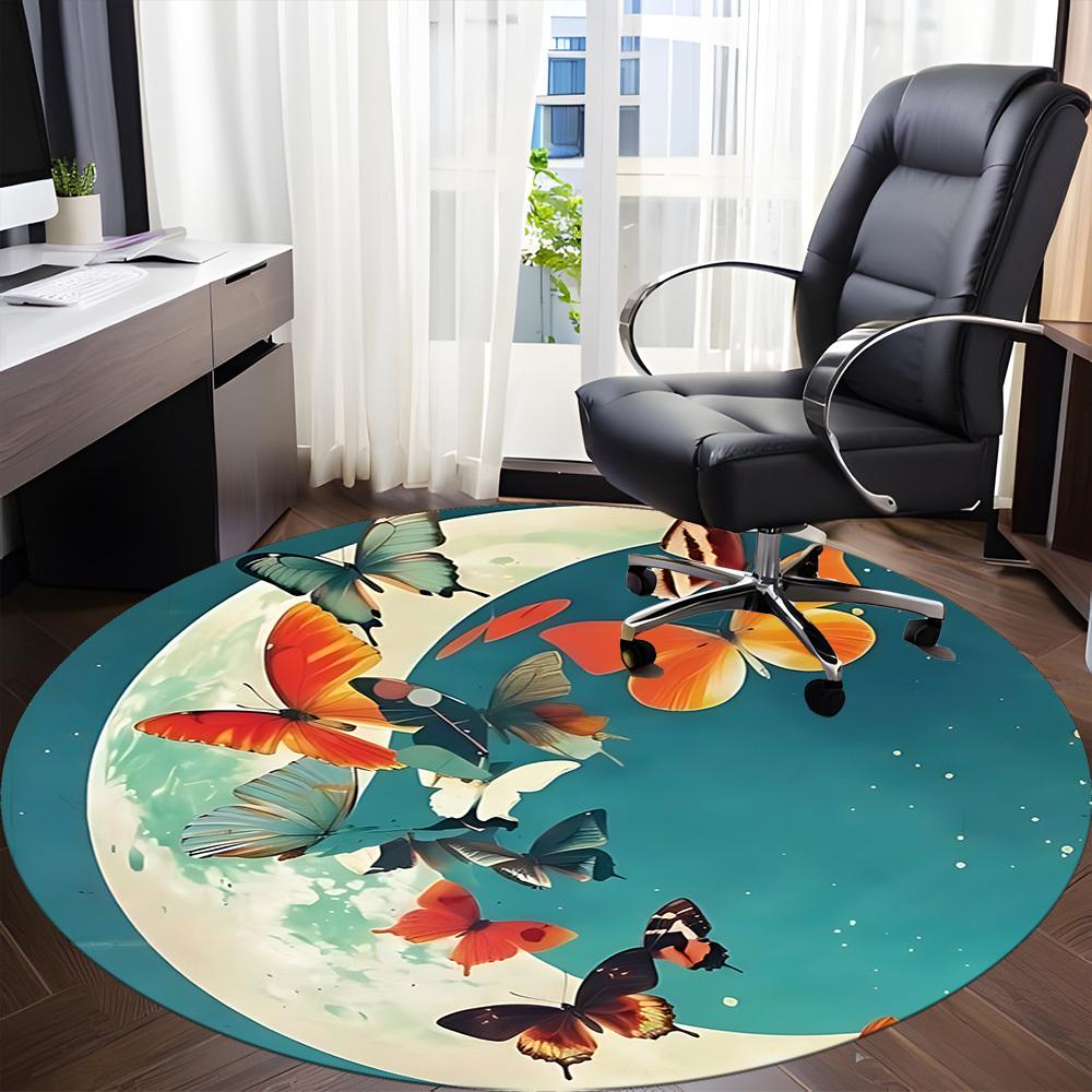 1pc Butterfly Moon Office Round Area Rug, Indoor Mat Suitable ForOffice, Under Office Chairs Bedroom Living Room Home Decor, Room Deco  D075