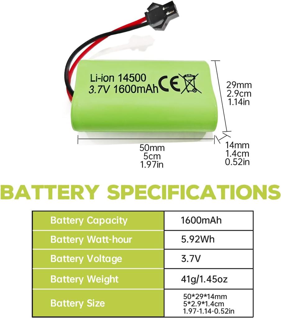 2x Li-ion Rechargeable Batteries 3.7V 1600mAh with SM-2P Connector + USB Cables – Compatible with RC Car 9962 8837 and Toy Truck