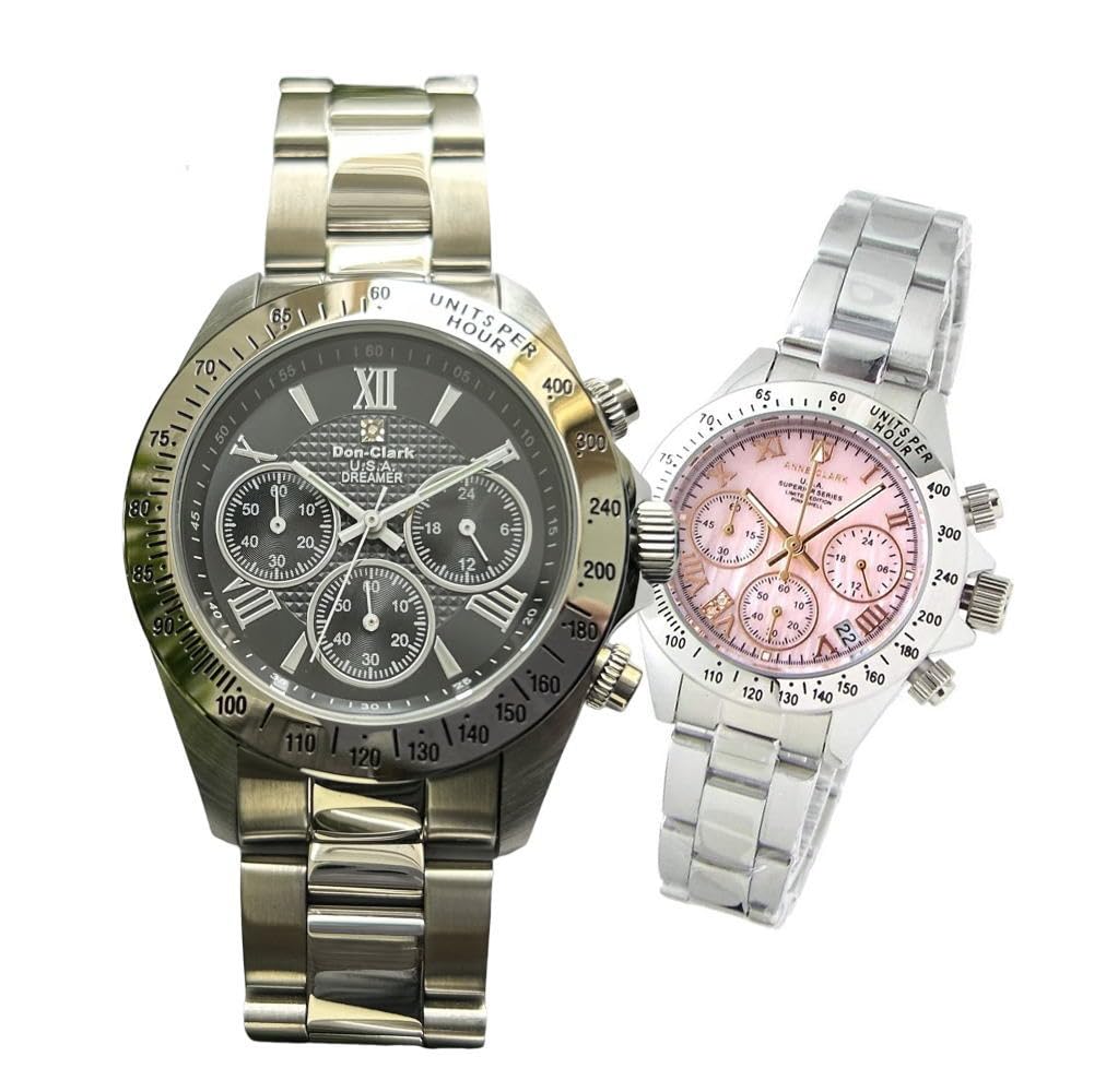 

Pair of Don Clark and chronograph watches with black Roman numerals and ANNE CLARK natural shell made from stainless and come with a simple strap