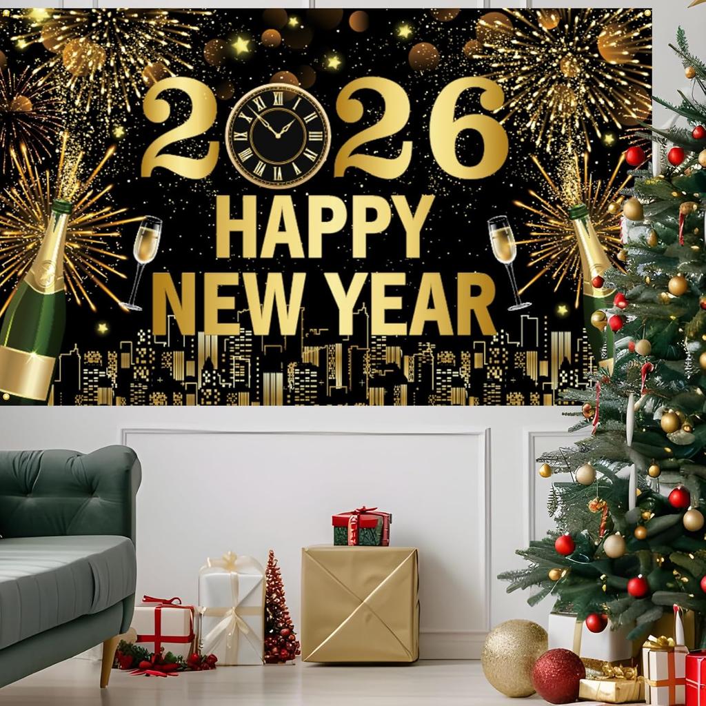 Large New Years Eve 2026 Banner, Black and Gold 2026 Happy New Year Banner, NYE Festive Party Decoration for Friends, Indoor, Outdoor, Wall Decor,