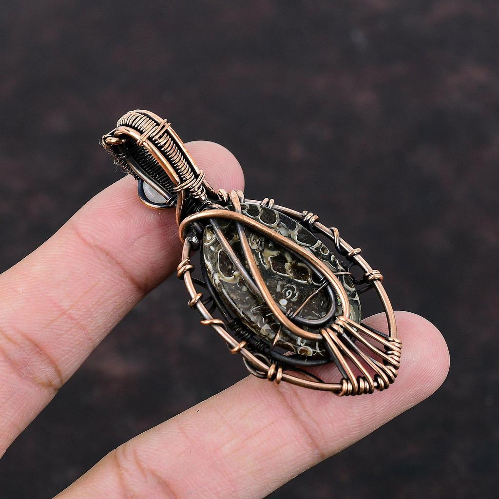 Evil Eye Turritella Agate Gemstone Pendant Copper Wire Wrapped Pendant Rainbow Moonstone Pendant Handmade Copper Jewelry Gift For Engagement