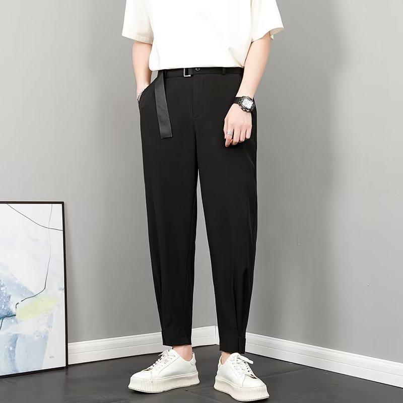 Poloviční elastický pas oblekové kalhoty Pánská móda Značka Britský styl Trendy Fried Street Drape Slim Fit Úzká Černá Neformální Malé