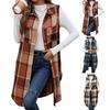 Women Long Vest with Breast Pockets Plaid Print Turn-down Collar Single-breasted Mid Length Waistcoat Loose Caerdigan Outerwear for Daily
