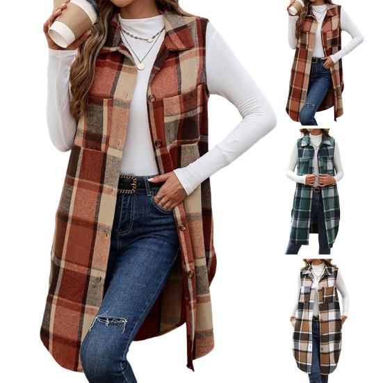 Women Long Vest with Breast Pockets Plaid Print Turn-down Collar Single-breasted Mid Length Waistcoat Loose Caerdigan Outerwear for Daily